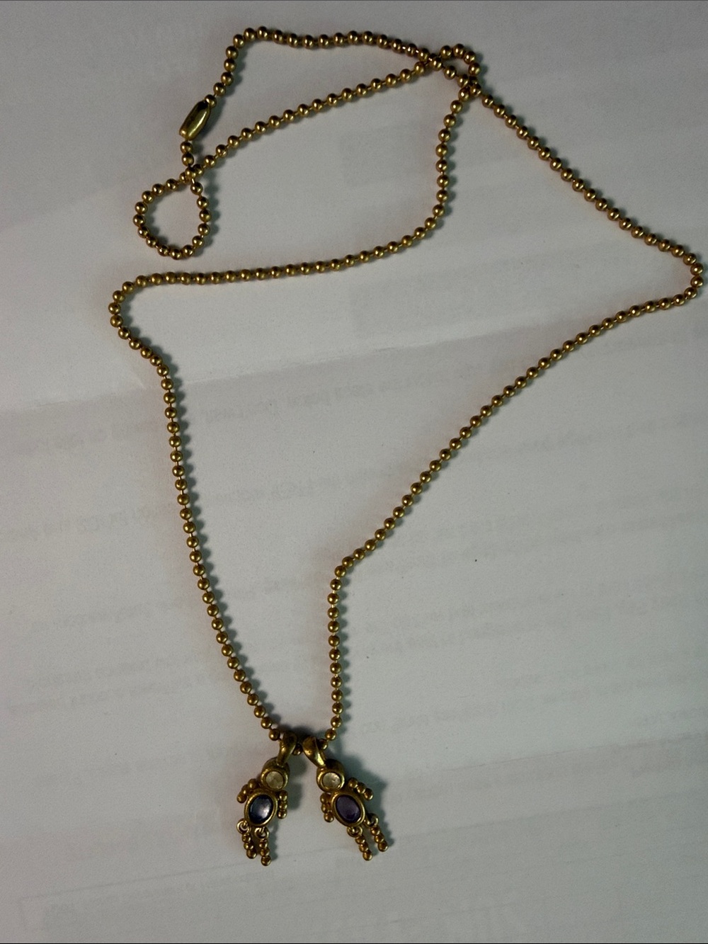 Gold-Tone Ball Chain Necklace with Purple Stone Charms